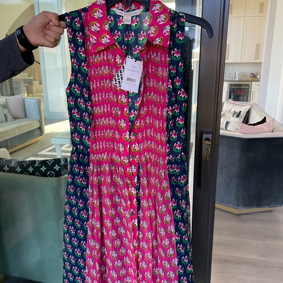 DiVF Navy Blue and Hot Pink Floral Silk Dress 0 - Picture 3 of 8